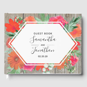 Pink Sunset Bloom Floral Frame Wedding Guest Book