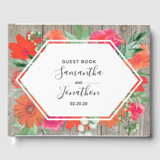 Pink Sunset Bloom Floral Frame Wedding Guest Book