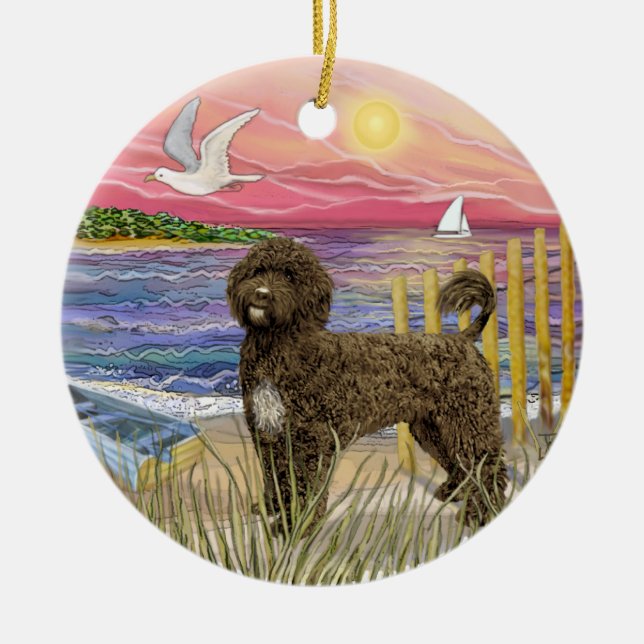 Pink Sunset - Brown Portuguese Water Dog Ceramic Tree Decoration (Front)