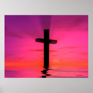 Pink Sunset Christian Cross Art Print