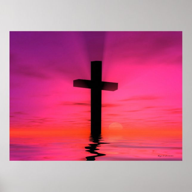Pink Sunset Christian Cross Art Print (Front)