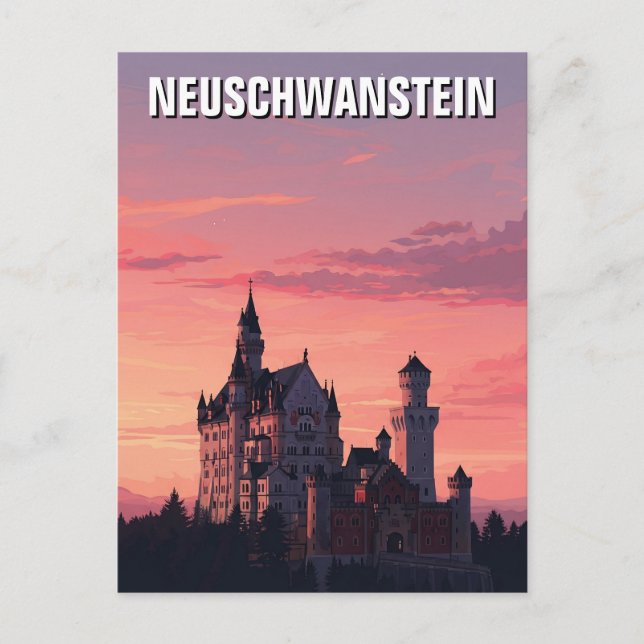 Pink Sunset Neuschwanstein Castle Germany Travel Postcard (Front)