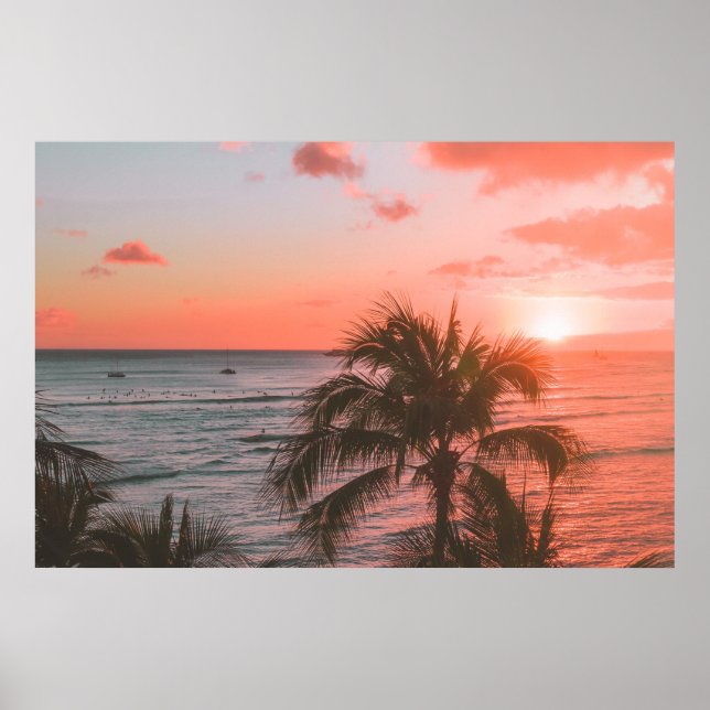 Pink Sunset Ocean Beach Palm Photography Poster (Front)