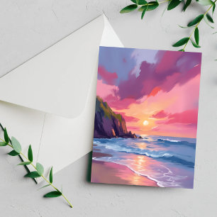 Pink Sunset Ocean Beach Waves Watercolor Card