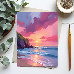 Pink Sunset Ocean Beach Waves Watercolor Card