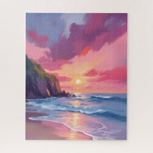 Pink Sunset Ocean Beach Waves Watercolor Jigsaw Puzzle