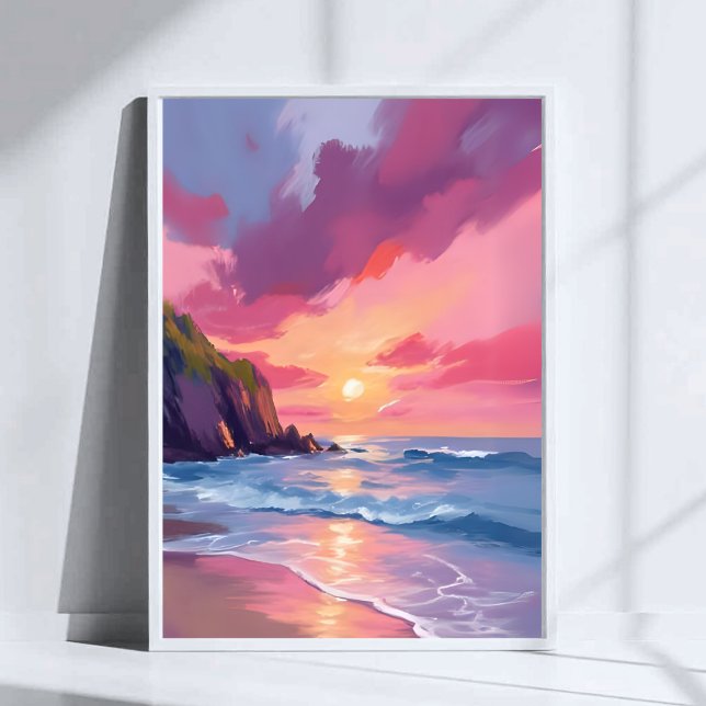 Pink Sunset Ocean Beach Waves Watercolor Poster (Creator Uploaded)