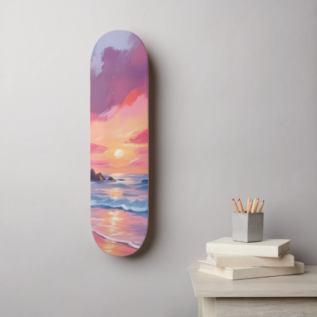 Pink Sunset Ocean Beach Waves Watercolor Skateboard (Wall Art)