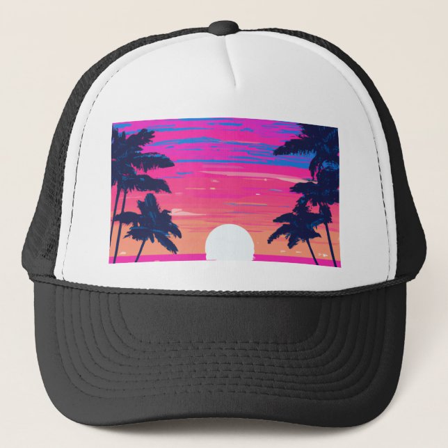 Pink sunset on the beach trucker hat (Front)