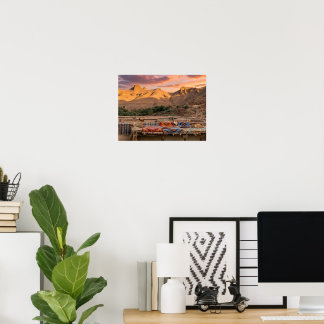 Pink Sunset Over Berber Rooftop with Colourful Rug Poster