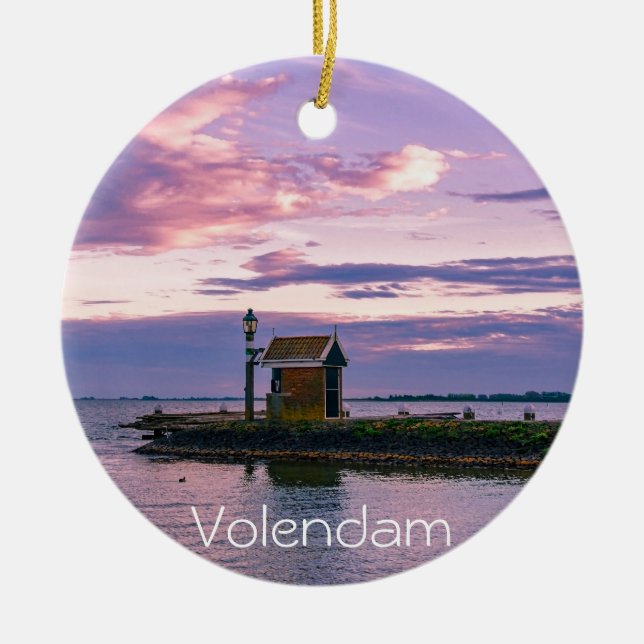 Pink sunset over lake ceramic tree decoration (Front)