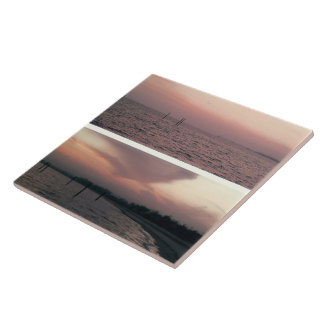 Pink Sunset over Water and Beach Photo Tile