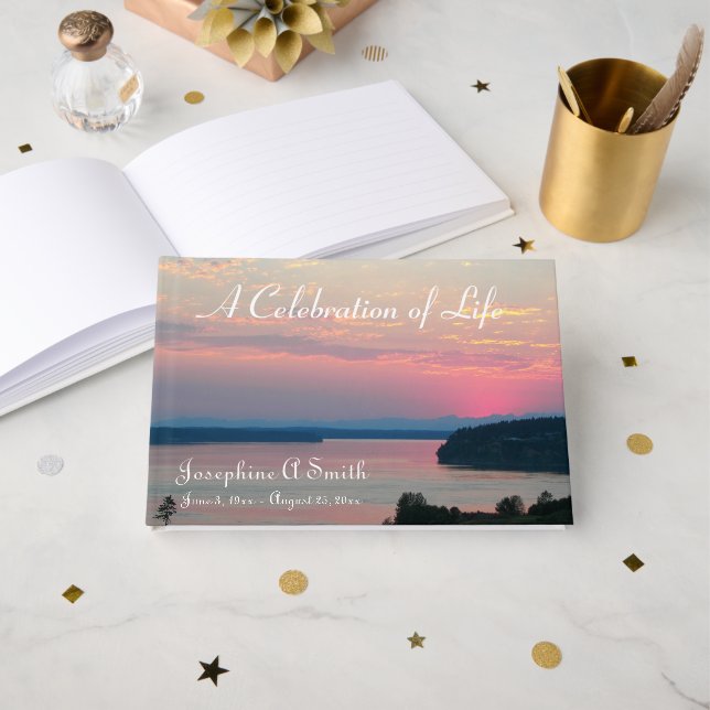 Pink Sunset Photo Celebration of Life Guest Book (Front Open)