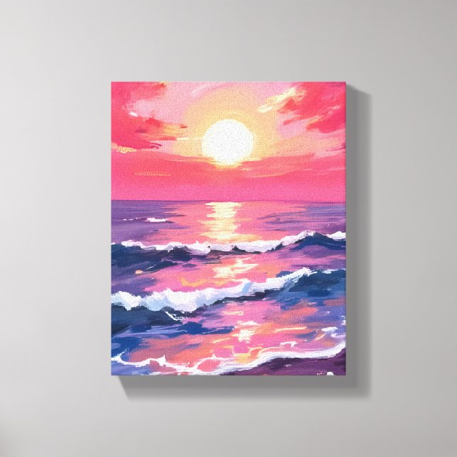 Pink Sunset Purple Ocean Waves Watercolor Canvas Print (Front)