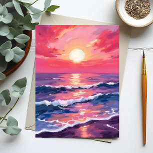Pink Sunset Purple Ocean Waves Watercolor Postcard