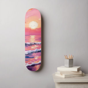 Pink Sunset Purple Ocean Waves Watercolor Skateboard