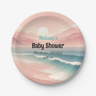 Pink Sunset Rolling Waves Baby Shower Paper Plates