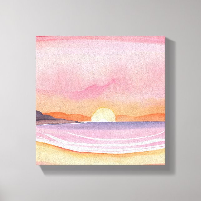 Pink Sunset | Watercolor Beach Sky Painting Canvas Print (Front)