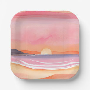 Pink Sunset Watercolor Beach Sky Painting Paper Plate