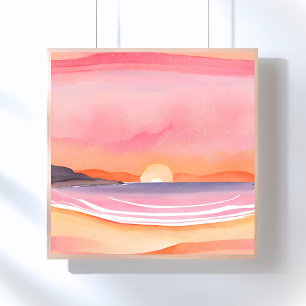 Pink Sunset Watercolor Beach Sky Painting Poster