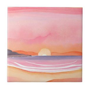 Pink Sunset Watercolor Beach Sky Painting Tile