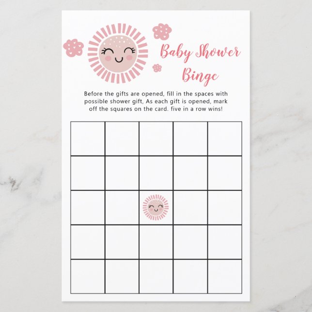Pink Sunshine Baby Girl Shower Bingo Game (Front)