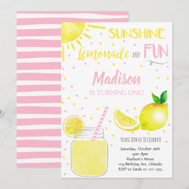 Pink Sunshine Lemonade Fun Party Birthday Invite (Front/Back)