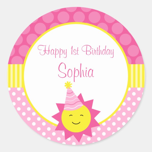 Pink Sunshine Polka Dot 1st Personalised Birthday Classic Round Sticker (Front)