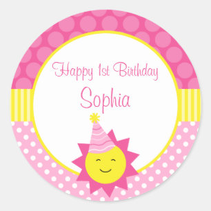 Pink Sunshine Polka Dot 1st Personalised Birthday Classic Round Sticker