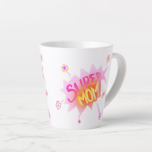 Pink Super Mum Flower Comic Bubble Mother`s Day  Latte Mug (Right Angle)