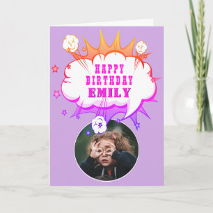 Pink Superhero Cartoon Bubble Photo Birthday Card