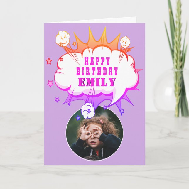 Pink Superhero Cartoon Bubble Photo Birthday Card (Front)