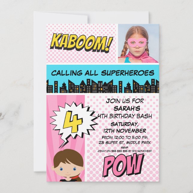 Pink Superhero Photo 4th Birthday Party Invitation (Front)