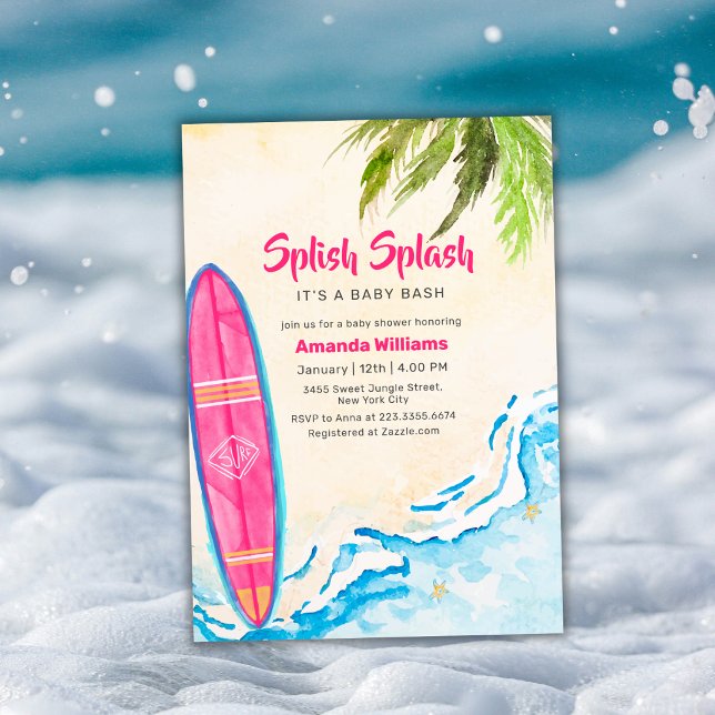 Pink Surf Plam Tree Beach Baby Shower   Invitation (Pink Surf Plam Tree Beach Baby Shower Invitation)