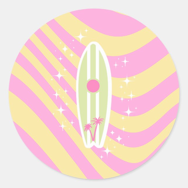 Pink Surfboard, Beach Art, Tropical Vibes, Preppy Classic Round Sticker (Front)