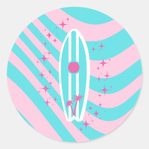 Pink Surfboard, Beach Art, Tropical Vibes, Preppy Classic Round Sticker