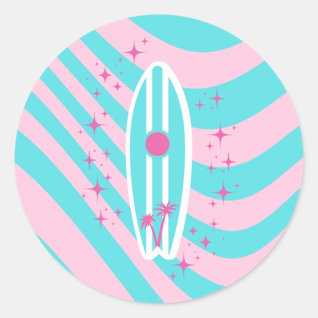 Pink Surfboard, Beach Art, Tropical Vibes, Preppy Classic Round Sticker (Front)