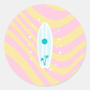 Pink Surfboard, Beach Art, Tropical Vibes, Preppy Classic Round Sticker