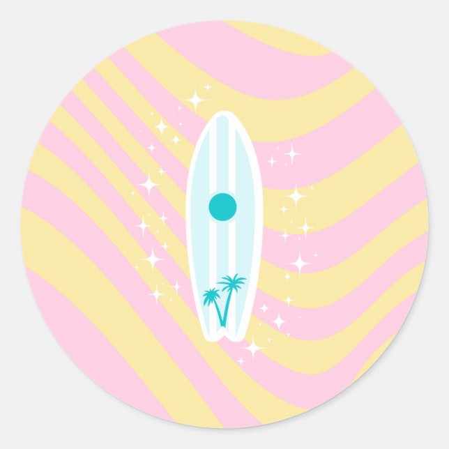 Pink Surfboard, Beach Art, Tropical Vibes, Preppy Classic Round Sticker (Front)