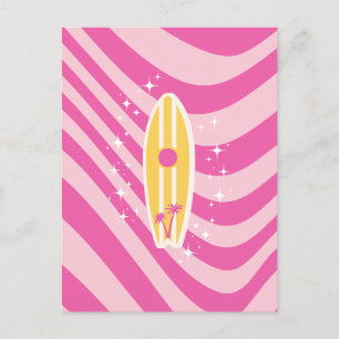 Pink Surfboard, Beach Art, Tropical Vibes, Preppy Holiday Postcard