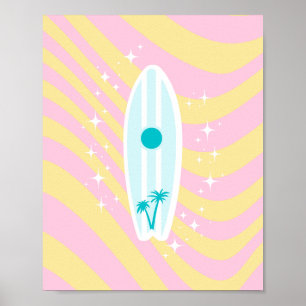 Pink Surfboard, Beach Art, Tropical Vibes, Preppy Poster