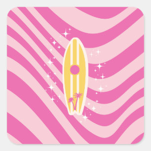 Pink Surfboard, Beach Art, Tropical Vibes, Preppy Square Sticker