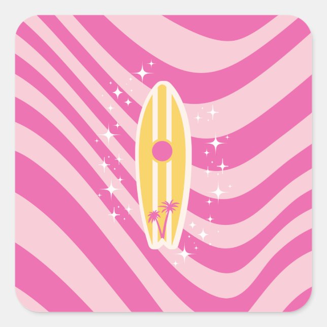 Pink Surfboard, Beach Art, Tropical Vibes, Preppy Square Sticker (Front)
