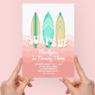Pink Surfs Up Surfboard 3rd Birthday Invitation
