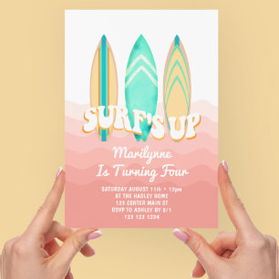 Pink Surfs Up Surfboard 4th Birthday Invitation