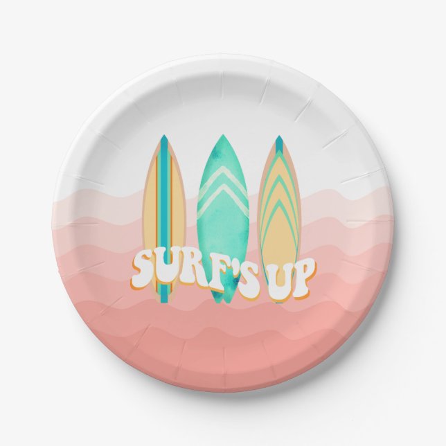 Pink Surfs Up Surfboard Birthday Paper Plate (Front)
