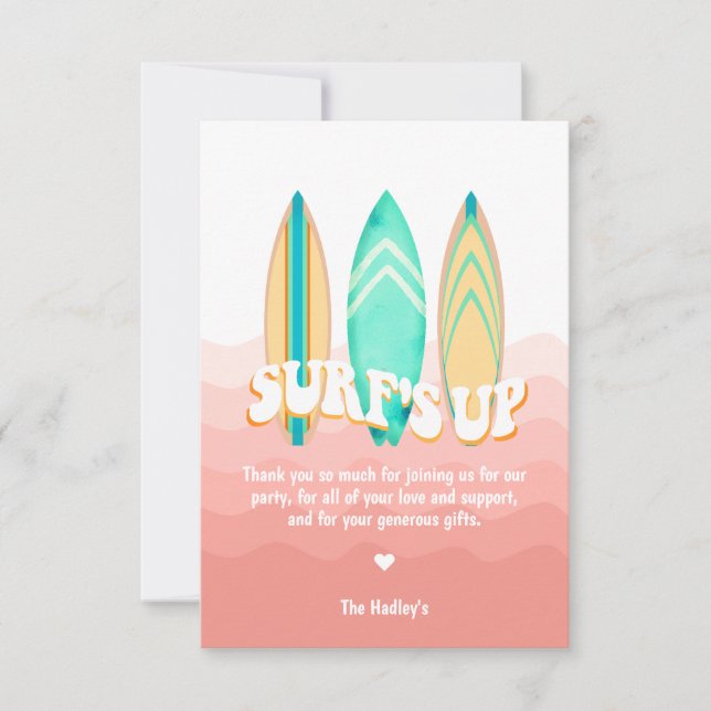 Pink Surfs Up Surfboard Birthday Thank You Card (Front)