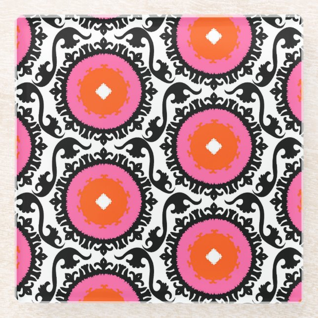 Pink Suzani Pattern Glass Coaster (Front)