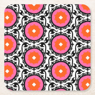 Pink Suzani Pattern Square Paper Coaster