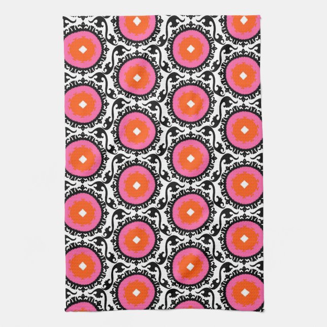 Pink Suzani Pattern Tea Towel (Vertical)